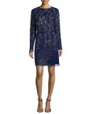 Climbing Floral Long-Sleeve Beaded Dress, Ink