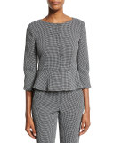 Gingham 3/4-Sleeve Peplum Jacket, Black/White