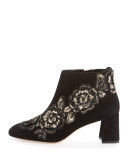Winona Floral-Appliqué Ankle Boot, Black/Gold