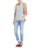 Monili-Striped Silk V-Neck Top, Light Blue