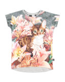 Ragnhilde Cap-Sleeve Cat Jersey Tee, Multicolor, Size 3-12