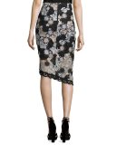 Floral Lace Asymmetric Skirt, Black/Silver