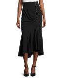 Draped Side-Button Midi Skirt, Black