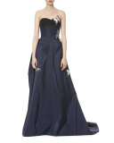 Butterfly-Appliqué Strapless Gown, Navy/Black