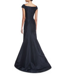 Cap-Sleeve Notched-Neck Gown, Navy