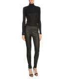 Mid-Rise Flat-Yoke Leather Leggings, Black