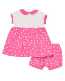 Collared Smocked Polka-Dot Dress w/ Bloomers, Pink, Size 3-24 Months