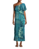 Lace-Print Mosaic One-Shoulder Maxi Dress