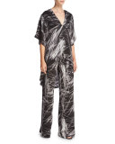 High-Low Printed Kimono Top, Black Reflection