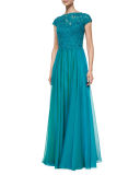 Cap-Sleeve Lace-Bodice Flowy Gown