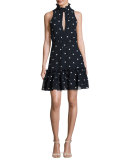 Sleeveless Polka Dot Silk Mini Dress, Navy Blue/White