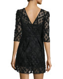 Celia Bateau-Neck Half-Sleeve Embroidered Minidress, Black