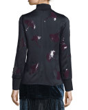 Long-Sleeve Gingko-Embellished Satin Top, Midnight