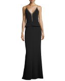 Sleeveless Sheer-Trim Peplum Gown, Black