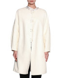 Leather Button-Front Caban Coat, Ivory