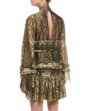 Tiered Lace Bell-Sleeve Mini Dress, Gold
