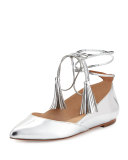 Penelop Metallic Ankle-Wrap Flat, Silver