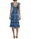 Cleo Ruffle-Trim Floral Silk Dress, Indigo/Multicolor