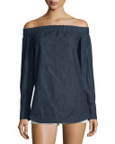 Kacy Reversible Chambray Off-the-Shoulder Tunic, Indigo