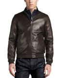 Reversible Leather to Nylon Bomber Jacket, Chocolate/Navy 