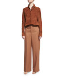 Long-Sleeve Suede Button-Front Shirt, Dark Orange