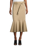 Belted Flounce Midi Skirt, Tan