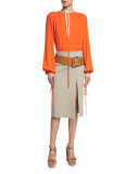 Mid-Rise Straight Wool Skirt W/Slit, Sand