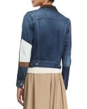 Suede-Trim Denim Jacket, Blue