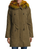 Hooded Zip-Front Jacket w/ Multicolored Fur Trim, Green Multi