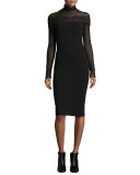 Long-Sleeve Turtleneck Bodycon Dress w/ Sheer Lace Yoke, Black