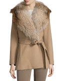Belted Fur-Trim Wrap Coat, Camel