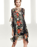 3/4-Sleeve Floral-Print Ruffled Silk Shift Dress, Black