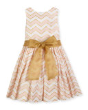 Sleeveless Metallic-Trim Poplin Chevron Dress, Pink, Size 2-6
