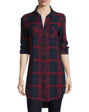 Button-Front Plaid Boyfriend Long Shirt, Red/Multi
