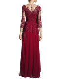 3/4-Sleeve Lace & Chiffon Peplum Gown, Red