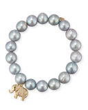 Gray Potato Pearl Beaded Bracelet with Diamond Elephant Charm