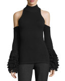 Cold-Shoulder Loopy-Yarn Turtleneck Top, Black