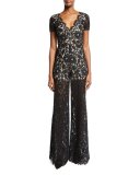 Mariam Short-Sleeve Wide-Leg Lace Jumpsuit, Multicolor