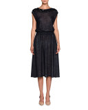 Sequined-Yoke Cap-Sleeve Dress, Blue