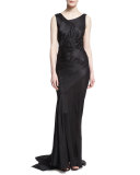 Striped Charmeuse Asymmetric Sleeveless Gown, Black