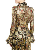 Metallic-Embroidered Long-Sleeve Blouse, Gold