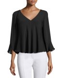 3/4 Bell-Sleeve Georgette Blouse, Black