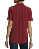 Short-Sleeve Slim Signature Silk Blouse, Burnt Scarlet