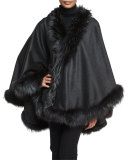 Cashmere Cape with Fox Fur Trim, Anthracite