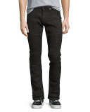 Wax-Coated Slim-Straight Biker Jeans, Black
