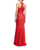 Sleeveless Beaded Lace Mermaid Gown, Red