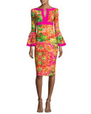 Jake Bell-Sleeve Floral Sheath Dress, Multicolor