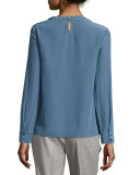 Long-Sleeve Round-Neck Blouse, Blue
