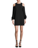Cold-Shoulder Tie-Sleeve Crepe Mini Dress, Black
