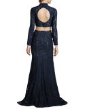 Long-Sleeve Beaded Lace Two-Piece Gown, Navy